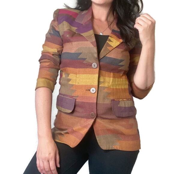 Vintage Aztec Multicolored Orange & Yellow Blazer Size Small Petite - Picture 2 of 8